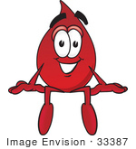 #33387 Clip Art Graphic Of A Transfusion Blood Droplet Mascot Cartoon Character Sitting