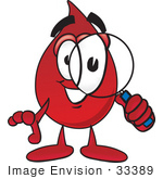 #33389 Clip Art Graphic Of A Transfusion Blood Droplet Mascot Cartoon Character Looking Through A Magnifying Glass