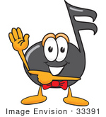 #33391 Clip Art Graphic Of A Semiquaver Music Note Mascot Cartoon Character Waving And Pointing