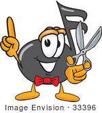 #33396 Clip Art Graphic Of A Semiquaver Music Note Mascot Cartoon Character Holding A Pair Of Scissors