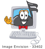 #33402 Clip Art Graphic Of A Semiquaver Music Note Mascot Cartoon Character Waving From Inside A Computer Screen