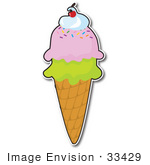 #33429 Clipart Of A Waffle Cone Topped With Scoops Of Strawberry And Pistachio Ice Cream And A Cherry On Top Of A Dollop Of Cream