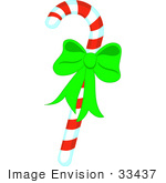 #33437 Clipart Of A Striped Red And White Peppermint Candy Cane With A Bright Green Christmas Bow