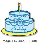 #33438 Clipart Of A Blue Boy’S Birthday Cake With Two Layers And One Candle On Top