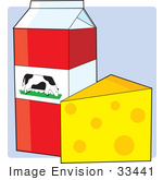 #33441 Clipart Of A Tall Milk Carton With A Cow Grazing In A Pasture On It Beside A Wedge Of Swiss Cheese