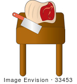 #33453 Clipart Of A Slab Of Blood Red Meat On A Butcher Block With A Knife