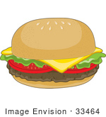#33464 Clipart Of A Cheesy Hamburger On A Sesame Seed Bun
