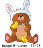 #33478 Clipart Of A Cute Little Bear Wearing Bunny Ears On Easter And Playing With Yellow Chicks