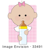 #33491 Clipart Of A Baby Girl With A Pink Bow In Her One Curly Hair Drinking From A Bottle Against A Pink Checkered Background
