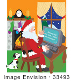 #33493 Christmas Clipart Of A Cute Puppy Dog Waiting For Attention As Santa Answers His Emails On A Computer