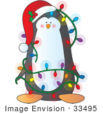 #33495 Christmas Clipart Of A Festive Penguin Wearing A Santa Hat With Holy Decorated In Battery Powered Christmas Lights
