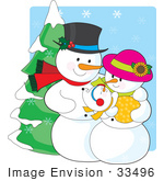 #33496 Christmas Clipart Of A Proud Snowman Father Adoring His Newborn Baby While His Wife Cradles It