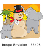 #33498 Christmas Clipart Of A Baby And Mom Elephant Making A Sand Man Resembling Frosty The Snowman In The Sandy Desert