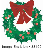 #33499 Christmas Clipart Of A Holly Berry And Leaf Wreath With A Red Bow