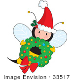 #33517 Christmas Clipart Of A Jolly Christmas Bee Wearing A Santa Hat And Carrying A Wreath