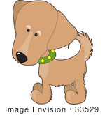 #33529 Clip Art Graphic Of An Adorable Golden Retriever Puppy Dog Wearing A Green Collar And Wagging His Tail