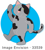 #33539 Clip Art Graphic Of A Gray Cat With Black Spots Walking On His Hind Legs And Waving