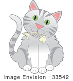 #33542 Clip Art Graphic Of A Gray Striped Cat With Big Green Eyes Holding A Fishbone In His Mouth