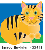 #33543 Clip Art Graphic Of A Cute Orange Cat With Black Stripes And Green Eyes Sitting In Grass