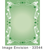 #33544 Clip Art Graphic Of A St Paddy’S Day Stationery Sheet With White Scrolls And Green Shamrock Clovers Bordering A Green Background