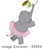 #33554 Clip Art Graphic Of A Ballerina Elephant In A Pink Tutu Dancing With A Sunflower