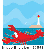 #33558 Clip Art Graphic Of A Happy Wild Red Lobster Swimming Near A Lighthouse