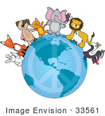 #33561 Clip Art Graphic Of A Happy Group Of Animals A Bunny Fox Dog Cat Elephant Mouse Lion Lamb And Skunk With A Butterfly Being Peaceful And Standing On The Globe