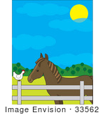 #33562 Clip Art Graphic Of A Cute White Hen Sitting On A Fence And Passing Barnyard Gossip To A Horse