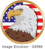 #33589 Clip Art Graphic Of An American Bald Eagle Against An American Flag