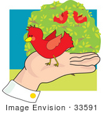#33591 Clip Art Graphic Of A Gentle Man’S Hand Holding A Red Cardinal Bird Two Other Birds In The Background