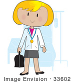 #33602 Clip Art Graphic Of A Blond Doctor Lady Carrying A Medical Bag And Standing In A Hospital Room