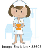 #33603 Clip Art Graphic Of A Pretty Brunette Nurse Lady In A Hospital Room Holding A Patient’S Charts On A Clipboard