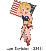 #33611 Clip Art Graphic Of A Blond Dainty Character Lady In American Clothes Carrying An American Flag