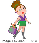 #33613 Clip Art Graphic Of A Dainty Character Lady In Purple And Green Carrying A Chihuahua Dog In Her Purse