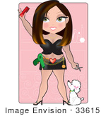 #33615 Clip Art Graphic Of A Dainty Character Hairdresser Lady In Black Leather Clothes Holding A Comb And Waving A White Poodle Puppy At Her Feet