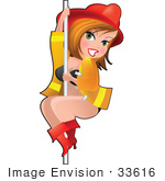 #33616 Clip Art Graphic Of A Dainty Character Lady Fire Woman Sliding Down A Pole
