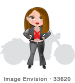 #33620 Clip Art Graphic Of A Dainty Character Lady Biker With A Silhouetted Motorcycle