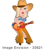 #33621 Clip Art Graphic Of A Dainty Character Lady Country Cowgirl Playing A Guitar