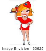#33625 Clip Art Graphic Of A Dainty Character Lady With Blond Hair Serving Fast Food While Waitressing