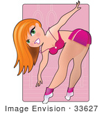 #33627 Clip Art Graphic Of A Dainty Character Lady With Red Hair Exercising At The Gym Over A Pink Background