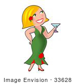 #33628 Clip Art Graphic Of A Dainty Character Lady In A Green Gown Drinking A Martini At A Party