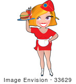 #33629 Clip Art Graphic Of A Dainty Character Lady Waitressing Wearing Red And Rollerskating Food At A Diner