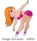 #33631 Clip Art Graphic Of A Dainty Character Lady In Pink Stretching At The Gym
