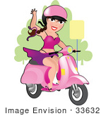 #33632 Clip Art Graphic Of A Pretty Dainty Character Lady In Pink Waving And Riding A Vespa Scooter
