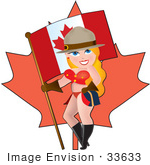 #33633 Clip Art Graphic Of A Dainty Character Lady In Patriotic Clothes Standing With A Canada Flag And A Maple Leaf