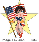 #33634 Clip Art Graphic Of A Dainty Character Lady In Patriotic Clothes Standing In Front Of A Star With An American Flag