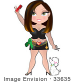 #33635 Clip Art Graphic Of A Dainty Character Lady In Black Leather Holding Scissors And A Comb Waving And Standing With A Poodle
