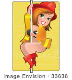 #33636 Clip Art Graphic Of A Dainty Character Lady Firewoman In A Jacket And Hardhat Sliding Down A Pole