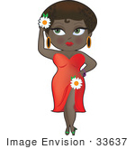 #33637 Clip Art Graphic Of An African American Dainty Character Lady In A Sexy Red Dress With A White Daisy On The Slit And A Flower In Her Hair