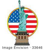 #33646 Clip Art Graphic Of A Circular American Flag Behind The Statue Of Liberty